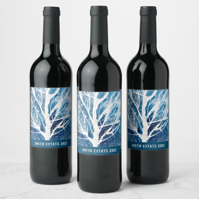 Winter white birch tree Christmas Wine Label (Bottles)