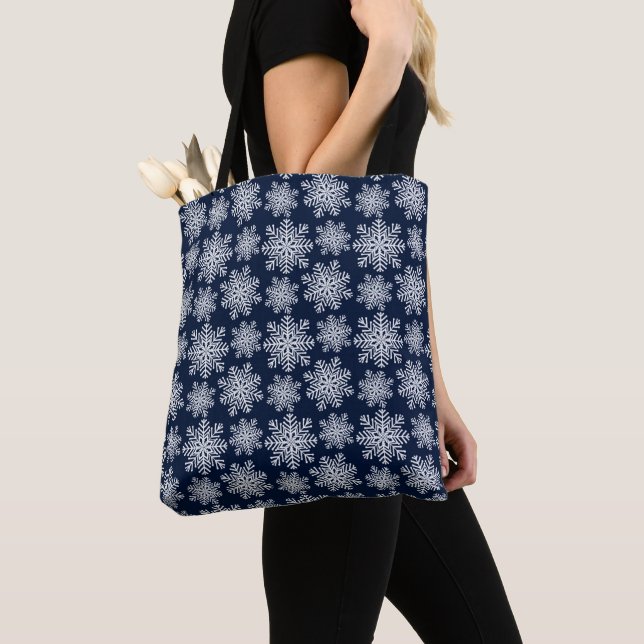 Winter White Blue Snowflakes Wonderland Pattern Tote Bag (Close Up)