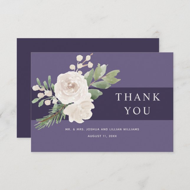 Winter White Botanical Purple Wedding Thank You Card (Front/Back)