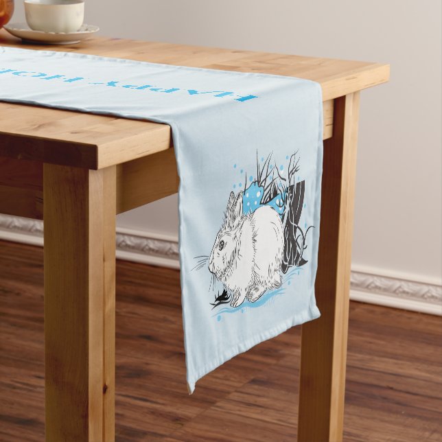 Winter white bunny rabbits short table runner (In Situ)