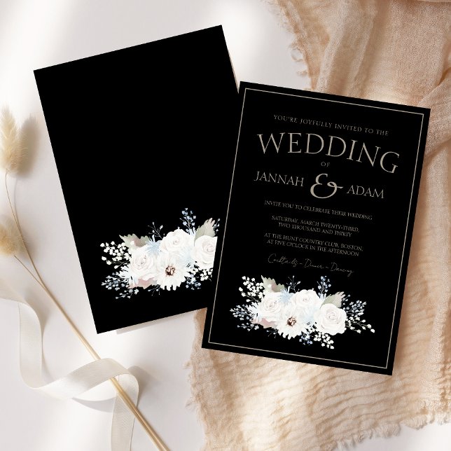 Winter White Floral and Black Christmas Wedding Invitation (Winter White Floral and Black Christmas Wedding Invitation)