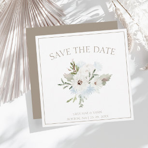 Winter White Floral and Taupe Christmas Wedding Save The Date