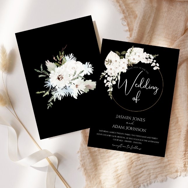 Winter White Floral Black Christmas Wreath Wedding Invitation (Winter White Floral Black Christmas Wreath Wedding Invitation)