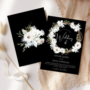 Winter White Floral Black Christmas Wreath Wedding Invitation