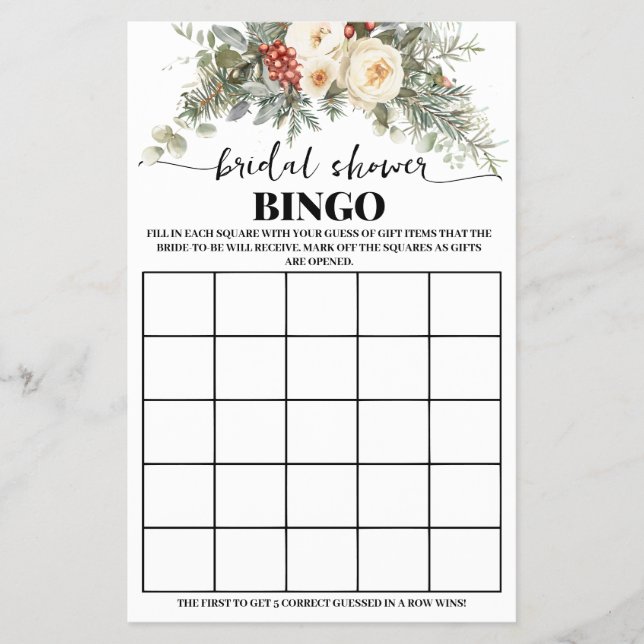 Winter White Floral Bridal Shower Bingo Game Card (Front)