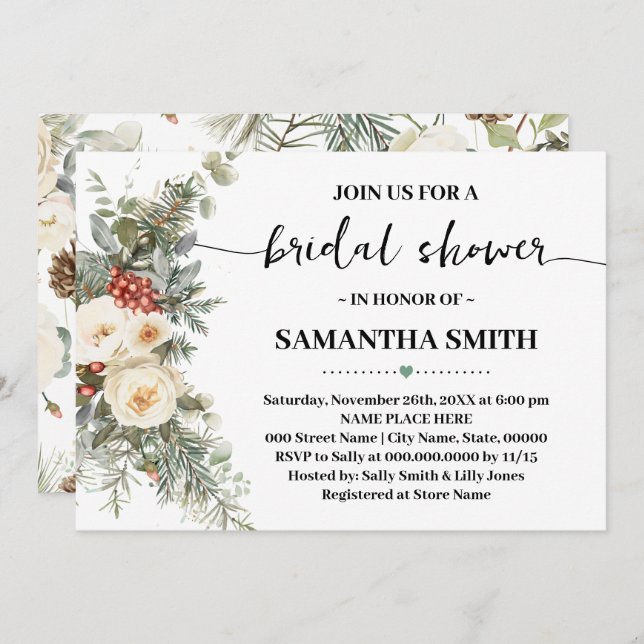 Winter White Floral Bridal Shower Invitation (Front/Back)