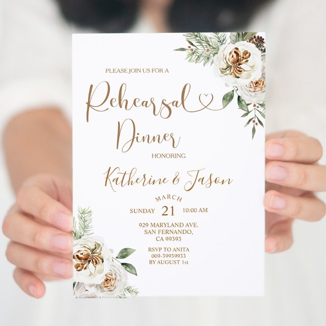 Winter White Floral Chritmas Rehearsal Dinner Invitation (Creator Uploaded)