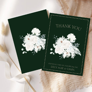 Winter White Floral Green Christmas Wedding Thank You Card