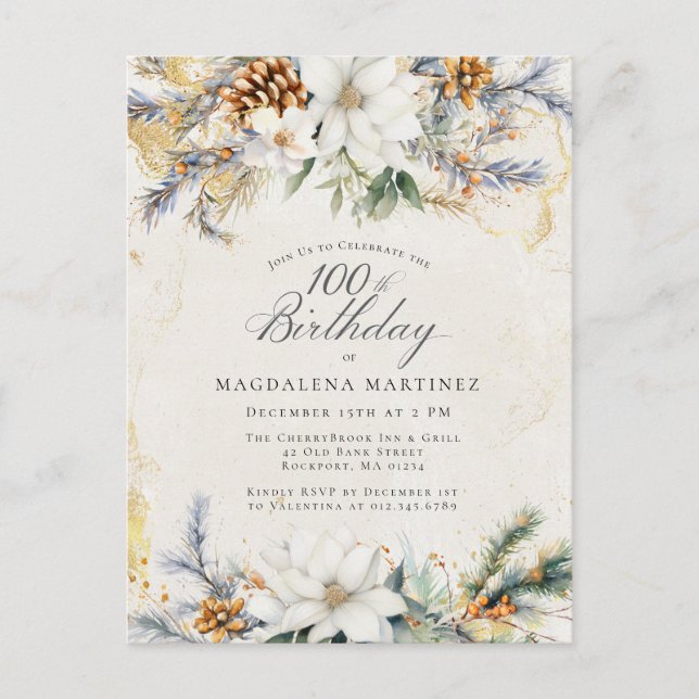 Winter White Floral Greenery 100th Birthday Invitation Postcard (Front)