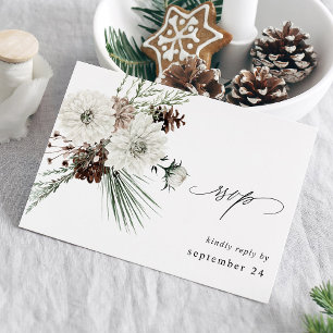 Winter White Floral & Pine w Meal RSVP Card