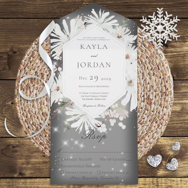 Winter White Floral Sparkle Grey Dinner All In One Invitation (Creator Uploaded)