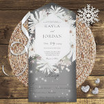 Winter White Floral Sparkle Grey No Dinner All In One Invitation<br><div class="desc">ALSO AVAILABLE WITH A QR CODE TO SCAN. This simple yet elegant design has a frame of winter white flowers on a soft white blur overlay with a dark grey background. The entire invitation is highlighted with white sparkles. The front flap contains the bride and groom's first initials. This design...</div>