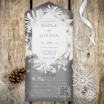 Winter White Floral Sparkle Grey QR Code All In One Invitation<br><div class="desc">AVAILABLE WITH OR WITHOUT A QR CODE TO SCAN. This simple yet elegant design has a frame of winter white flowers on a soft white blur overlay with a dark grey background. The entire invitation is highlighted with white sparkles. The front flap contains the bride and groom's first initials. This...</div>