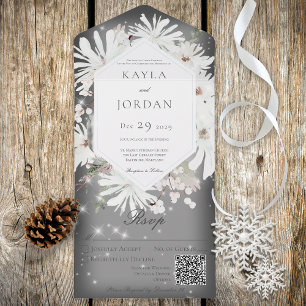 Winter White Floral Sparkle Grey QR Code All In One Invitation