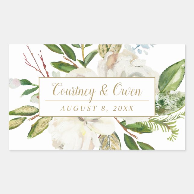 Winter White Floral Wedding Monogram Rectangular Sticker (Front)