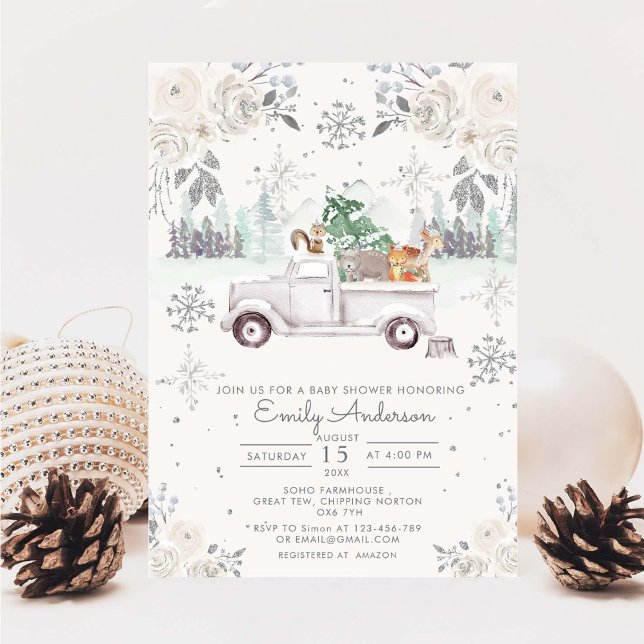 Winter White Floral Woodland Baby Shower Invitation (Creator Uploaded)