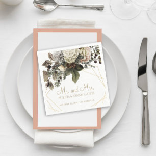 Winter white flowers Mr and Mrs script wedding Napkin