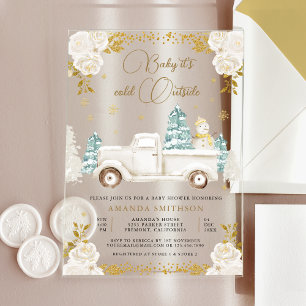 Winter White Gold Floral Truck Snowman Baby Shower Acrylic Invitations
