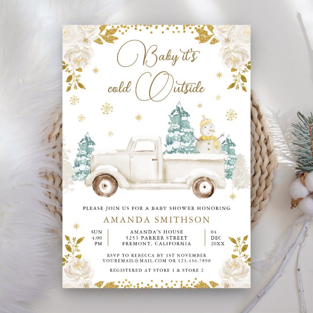 Winter White Gold Floral Truck Snowman Baby Shower Invitation (Creator Uploaded)