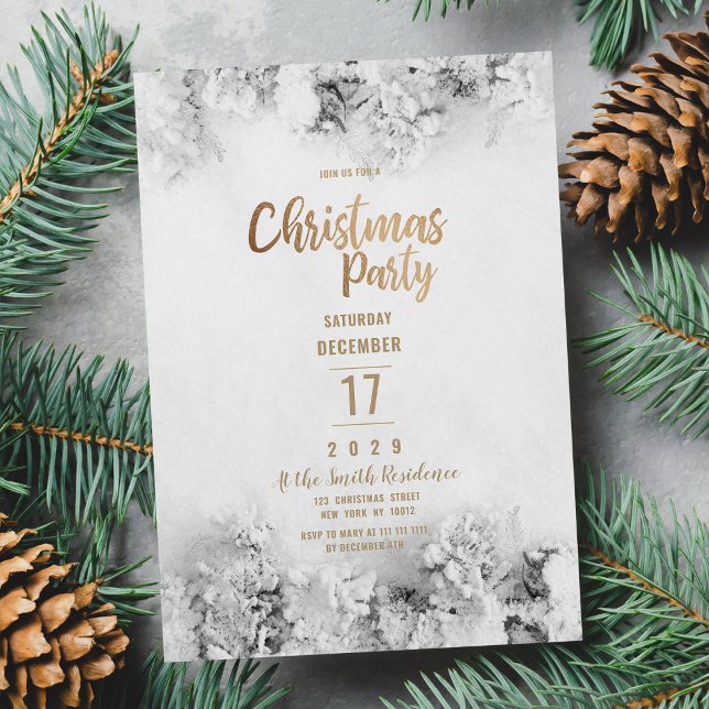 Winter white gold gray snow leaves Christmas Party Invitation (Winter white gold gray snow leaves Christmas Party)