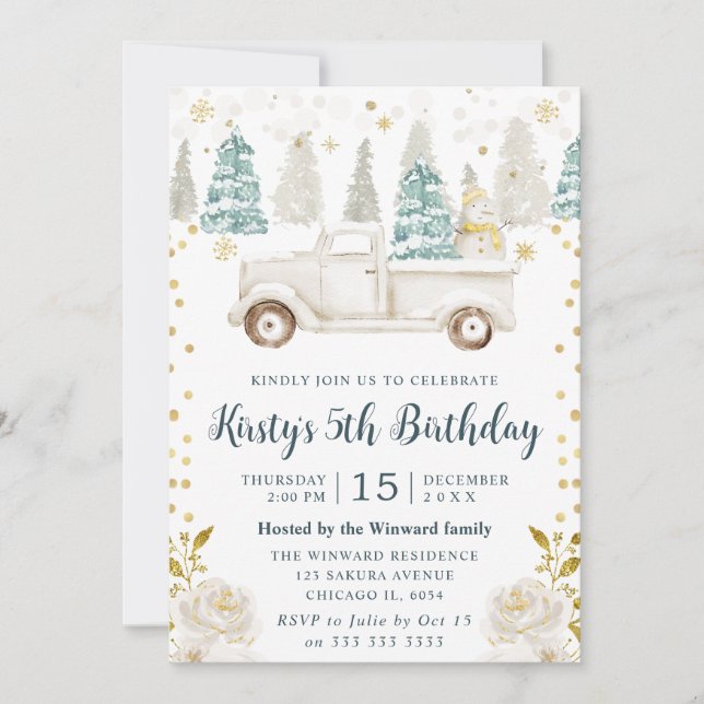 Winter White & Gold Truck Floral Birthday Invitation (Front)