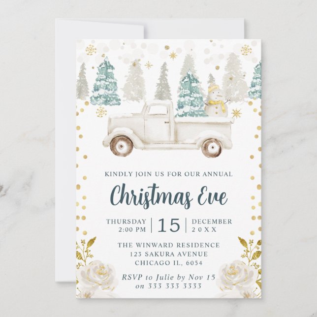 Winter White & Gold Truck Floral Christmas Eve Invitation (Front)