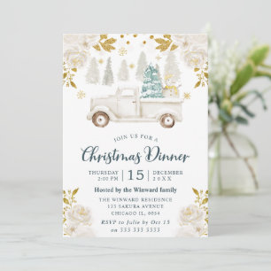 Winter White & Gold Truck Floral Christmas Invitation