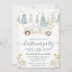 Winter White & Gold Truck Floral Christmas Invitation