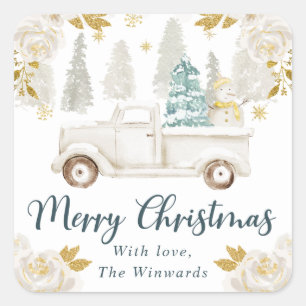Winter White & Gold Truck Floral Christmas Square Sticker