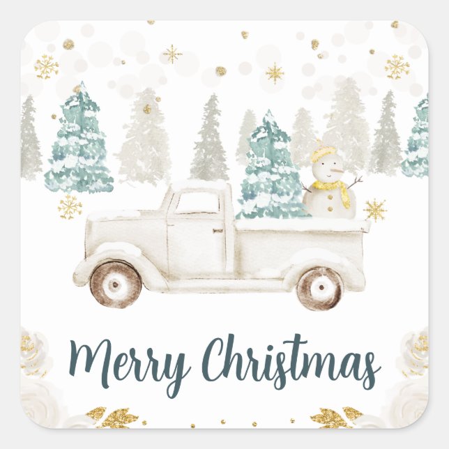 Winter White & Gold Truck Floral Merry Christmas Square Sticker (Front)