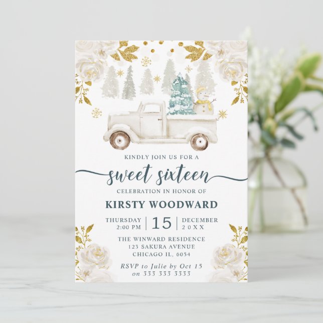 Winter White & Gold Truck Floral Sweet 16 Invitation (Standing Front)