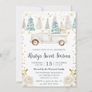 Winter White & Gold Truck Floral Sweet 16 Invitation