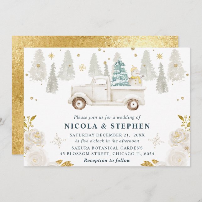 Winter White & Gold Truck Floral Wedding Invitation (Front/Back)