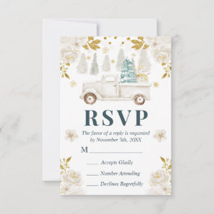 Winter White & Gold Truck Floral Wedding RSVP Card