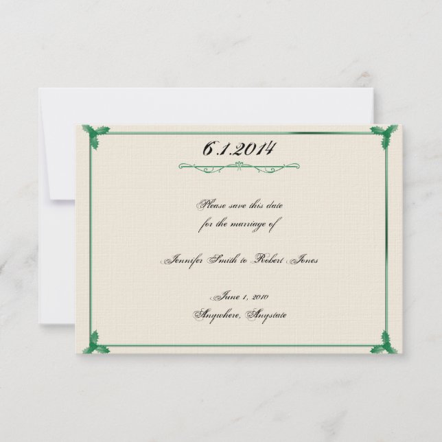 Winter White Green Mistletoe Wedding Save the Date (Front)