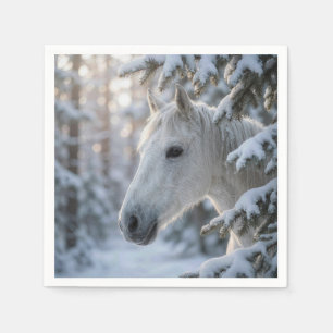 Winter White Horse In Snowy Pine Tree Napkin