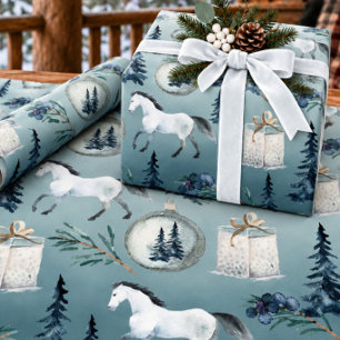 Winter White Horses Blue Spruce Trees & Berries Wrapping Paper