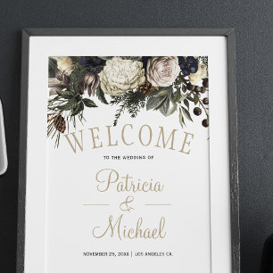 Winter white peonies elegant welcome wedding sign