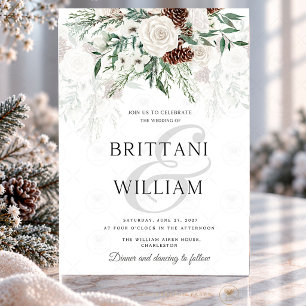 Winter White Rose Evergreen Pinecone Wedding Invitation