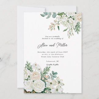 Winter White Roses Dogwood and Spruce Wedding Invitation