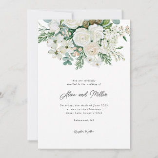 Winter White Roses Dogwood and Spruce Wedding Invitation