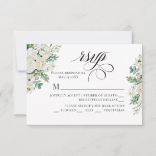 Winter White Roses Dogwood and Spruce Wedding RSVP Card
