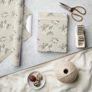 Winter White Roses with Blue Juniper Wrapping Paper