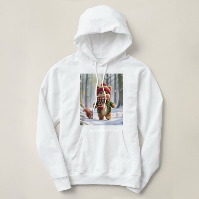 Winter White Snow Trees Pink Flower Tree squirrel Hoodie (Design Front)