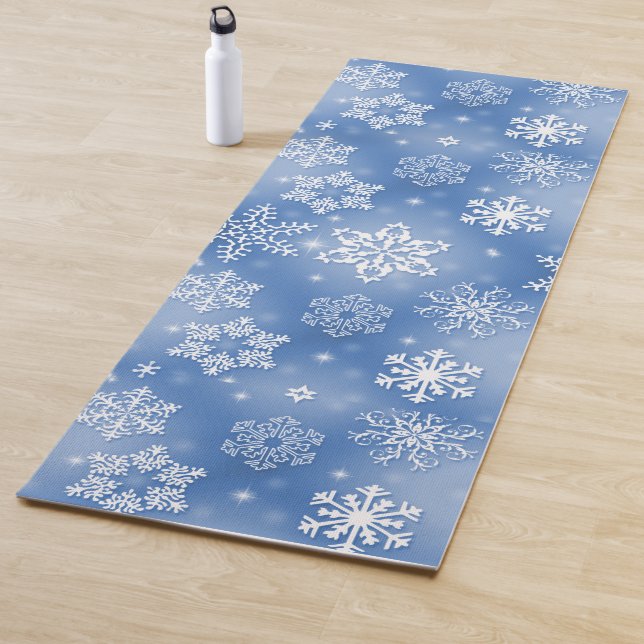 Winter White Snowflakes On Icy Blue Yoga Mat (In Situ)