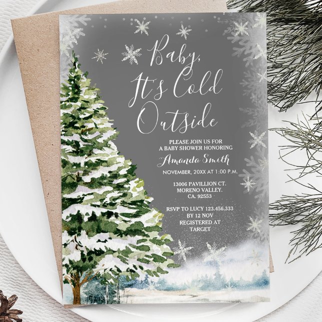 Winter White Snowflakes Pine Trees Baby Shower Invitation (Creator Uploaded)