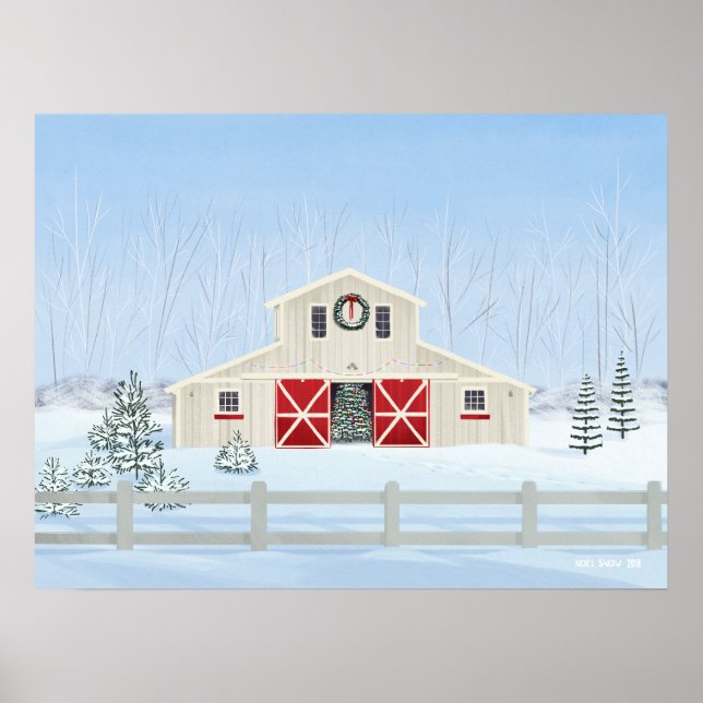 Winter White Snowy Christmas Barn Poster (Front)