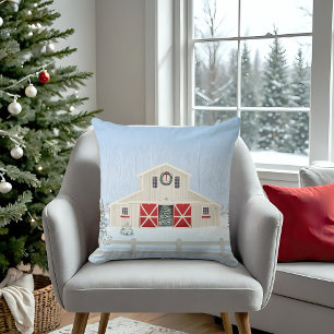 Winter White Snowy Christmas Barn Red Doors Cushion