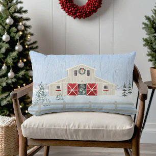 Winter White Snowy Christmas Barn Red Doors Lumbar Cushion