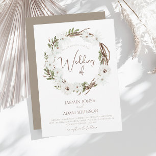 Winter White Taupe Floral Christmas Wreath Wedding Invitation